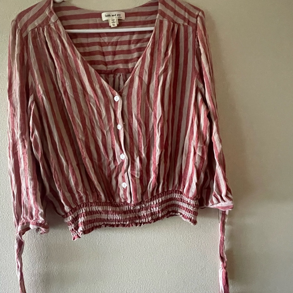 Faith and Joy Red and White Smocked Crop Blouse